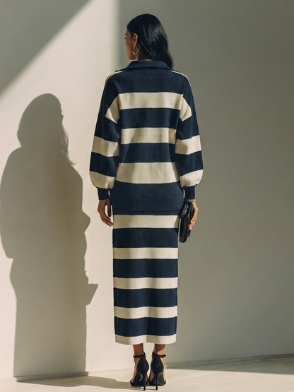 Women's Color-Block Striped Cotton-Blend Half-Zip Top & Midi Skirt Two-Piece Set