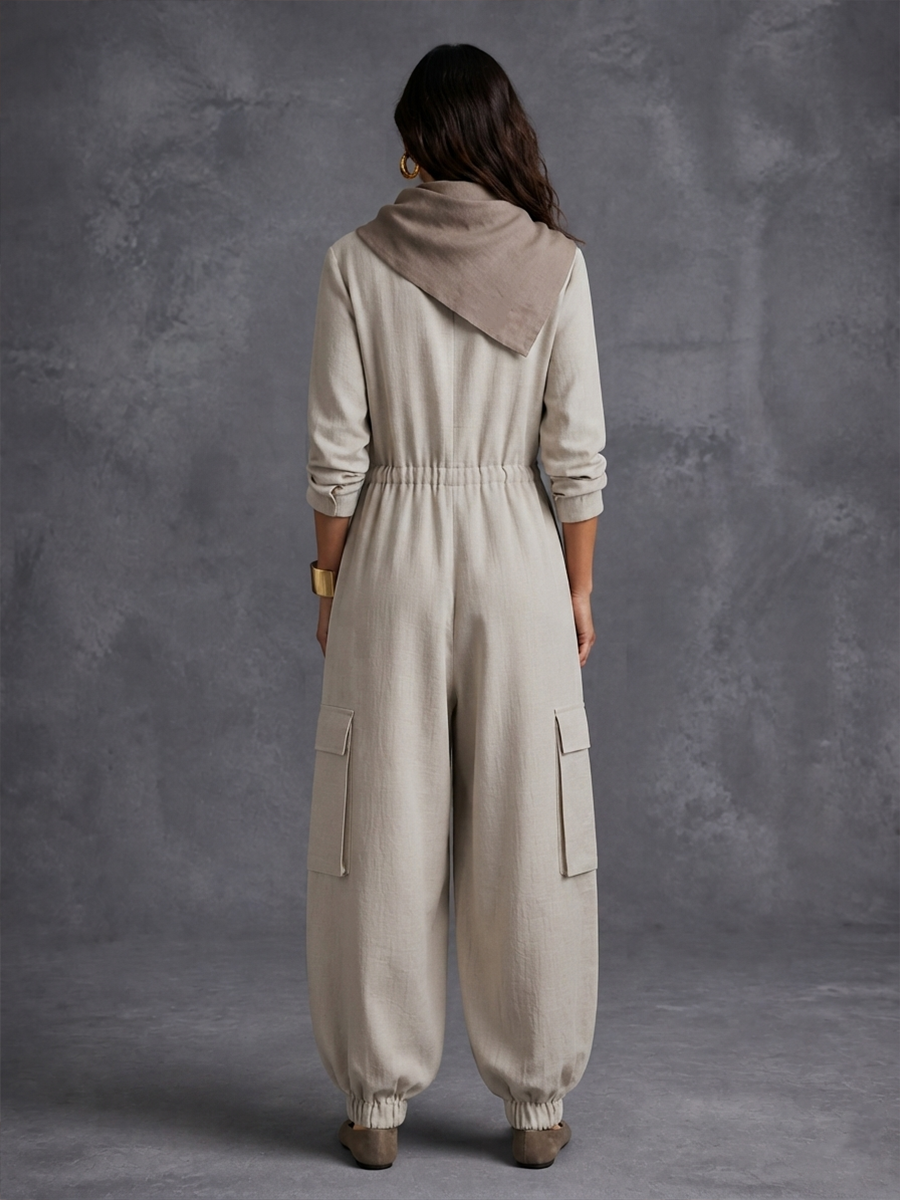 Women's Utility Casual Cowl-Neck Cargo Jumpsuit