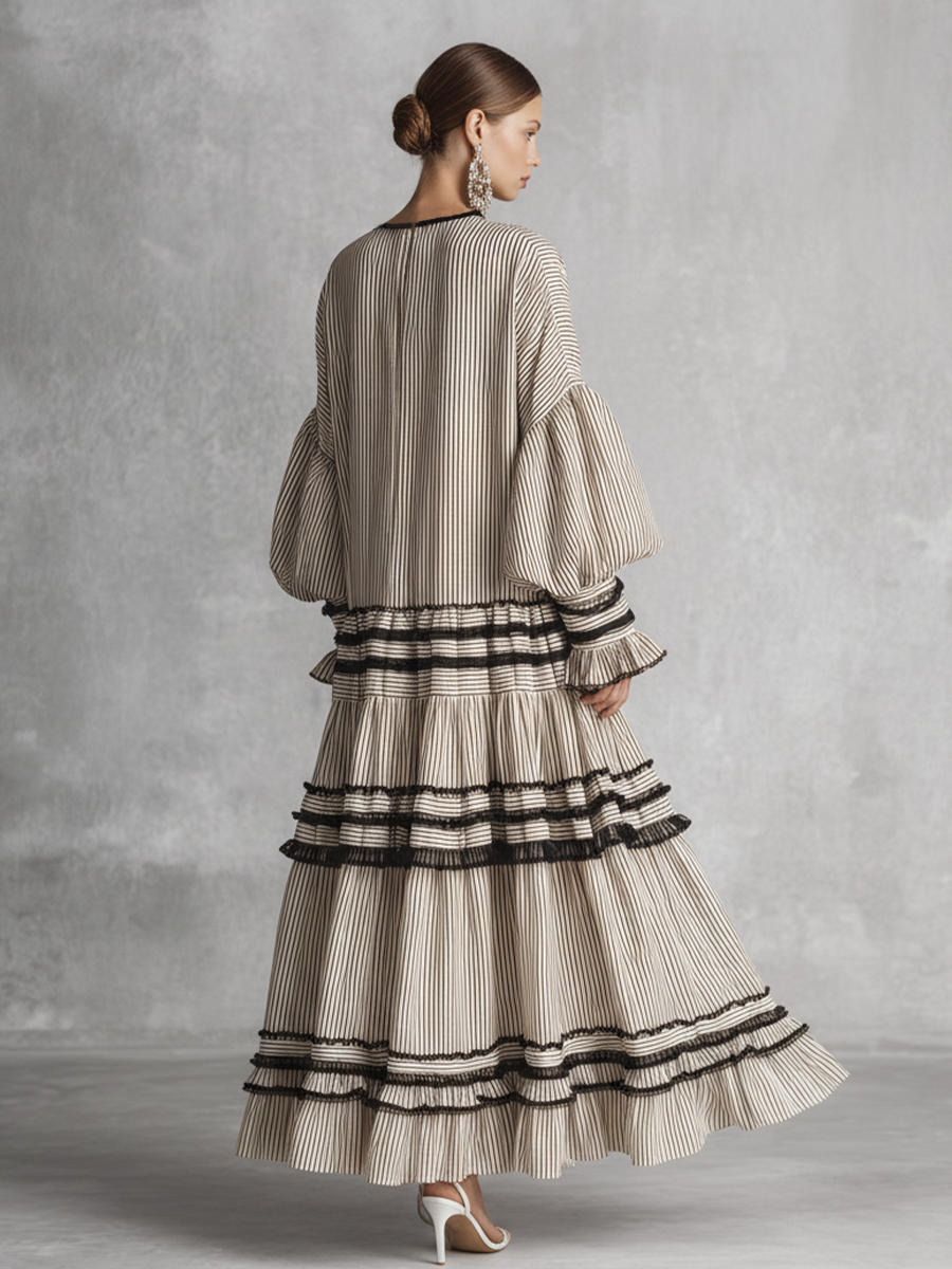Women's Boho Striped Ruffle Tiered Cotton Blend Long Sleeve Maxi Dress