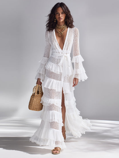 Women's Crisp White Crochet Knit Cardigan With Deep V-Neck & Layered Ruffles, Timeless Bohemian-Glam Style Cardigan