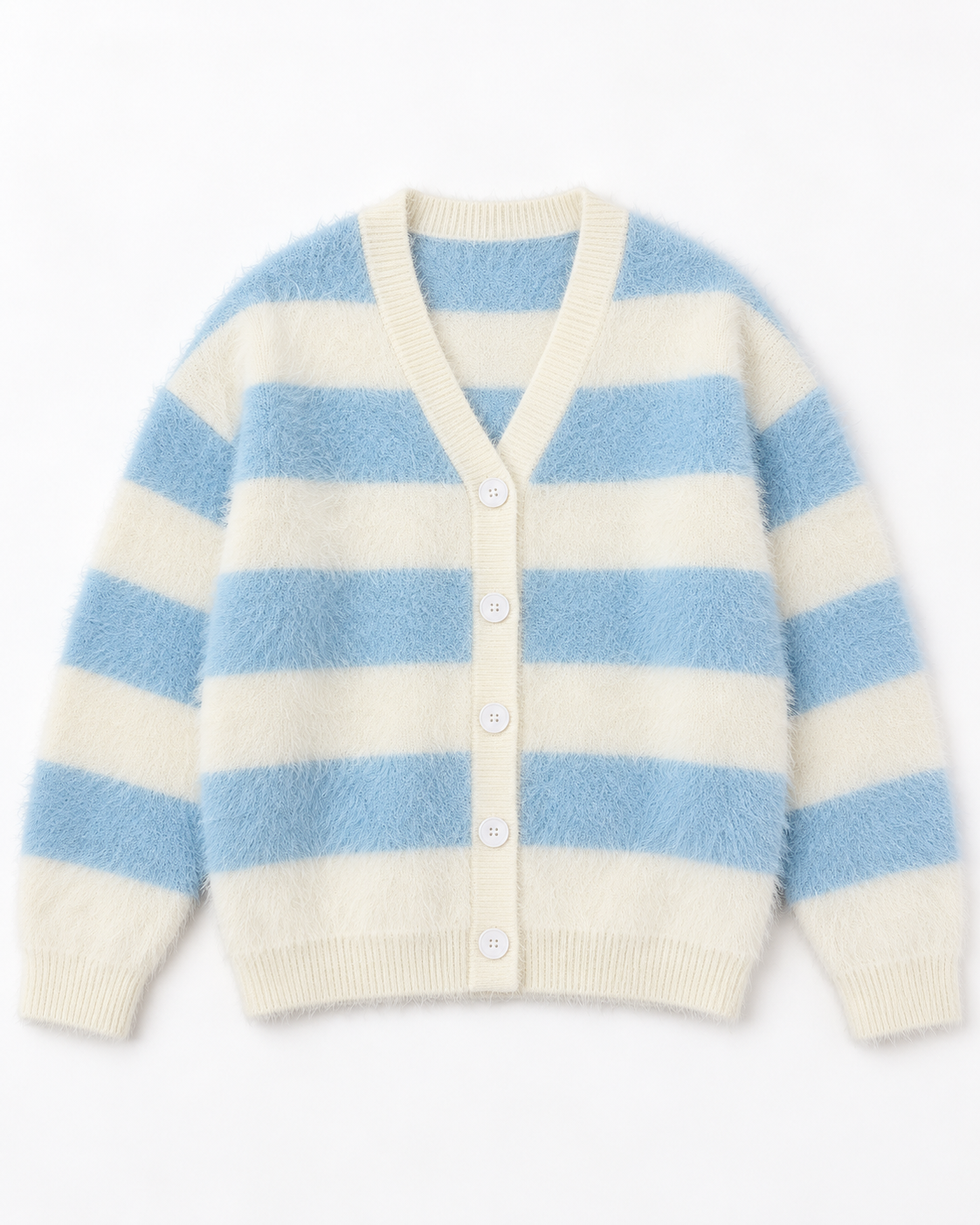 Women's Striped Cardigan – Fuzzy V-Neck Button-Front Knit Sweater