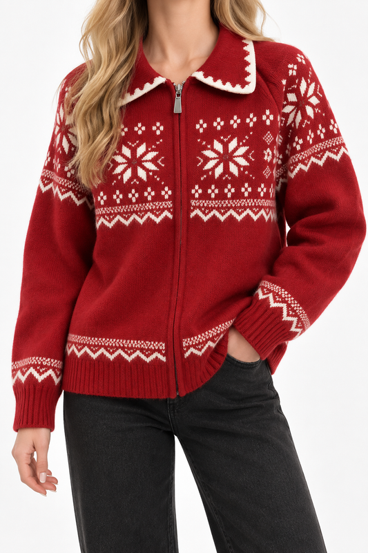 Women's Fair Isle Half-Zip Pullover Sweater – Nordic Snowflake Knit Top