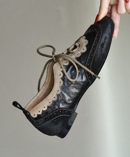 Elegant Black Sheepskin Lace Up Splicing Loafers