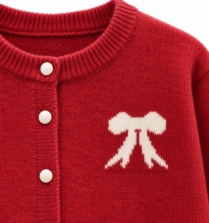 Women's Bow Knit Cardigan – Pearl Button Round Neck Sweater