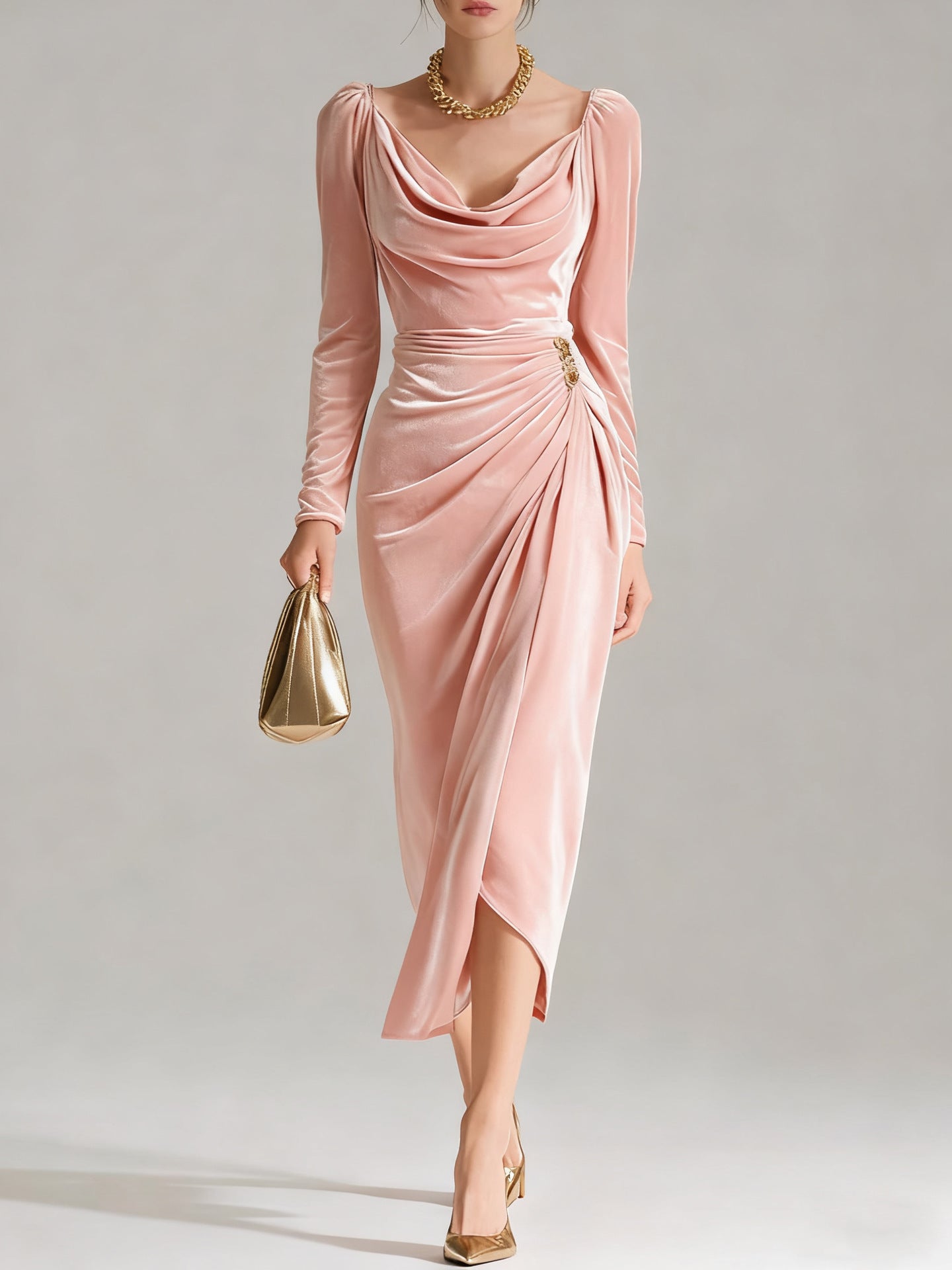 Draped Satin Midi Dress – Effortless Glamour, All-Day Confidence