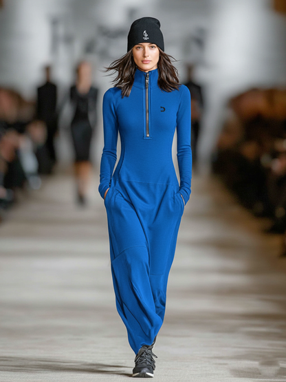 Women's Sports Cotton Blend Half-high Collar Zipper Loose Maxi Dress