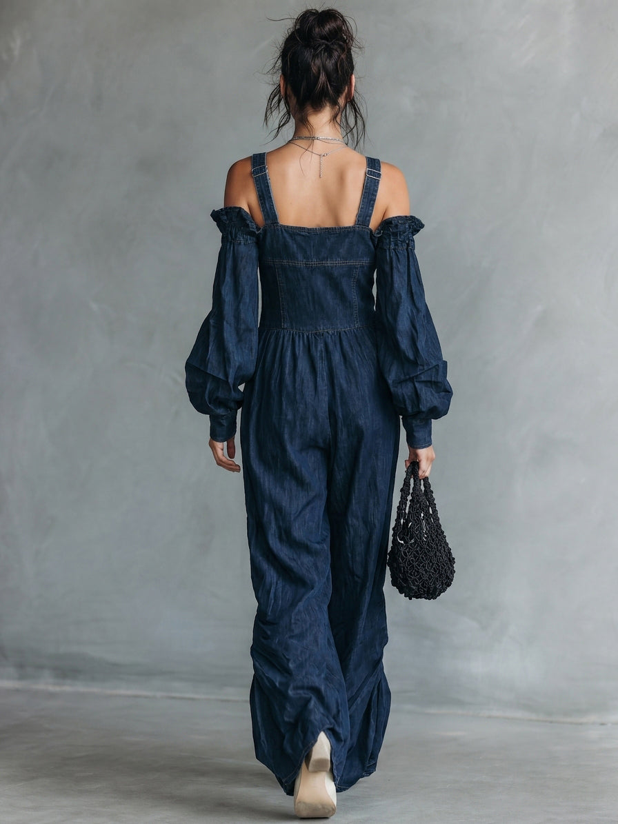 Women's Casual Dark Blue Denim Long-sleeve Overall Jumpsuit