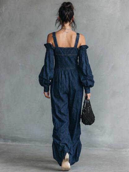Women's Casual Dark Blue Denim Long-sleeve Overall Jumpsuit