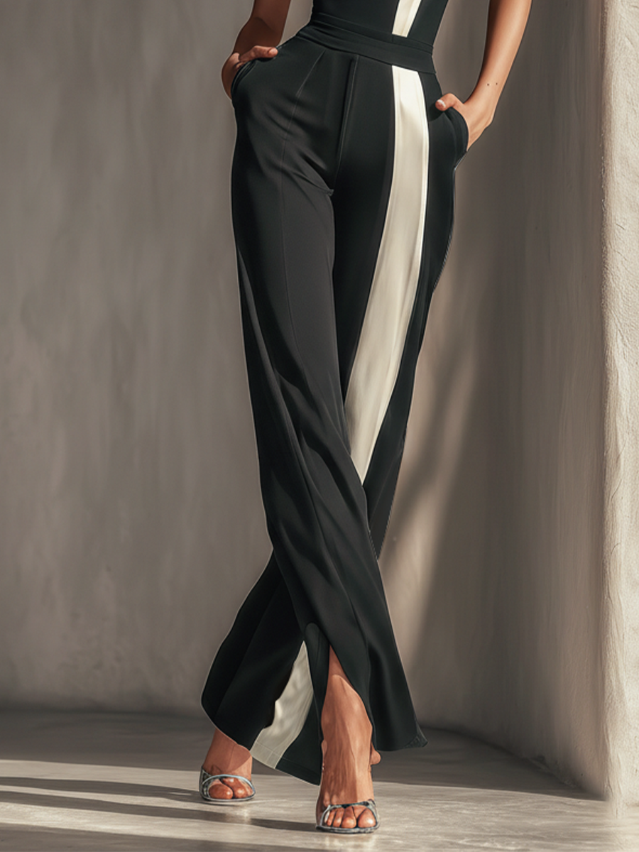 Women's Black Strapless Jumpsuit With Contrast White Vertical Stripe & Side Pockets