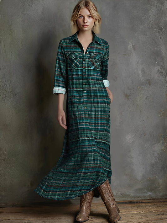 Women's Plaid Print Long-sleeved Shirt Maxi Dress
