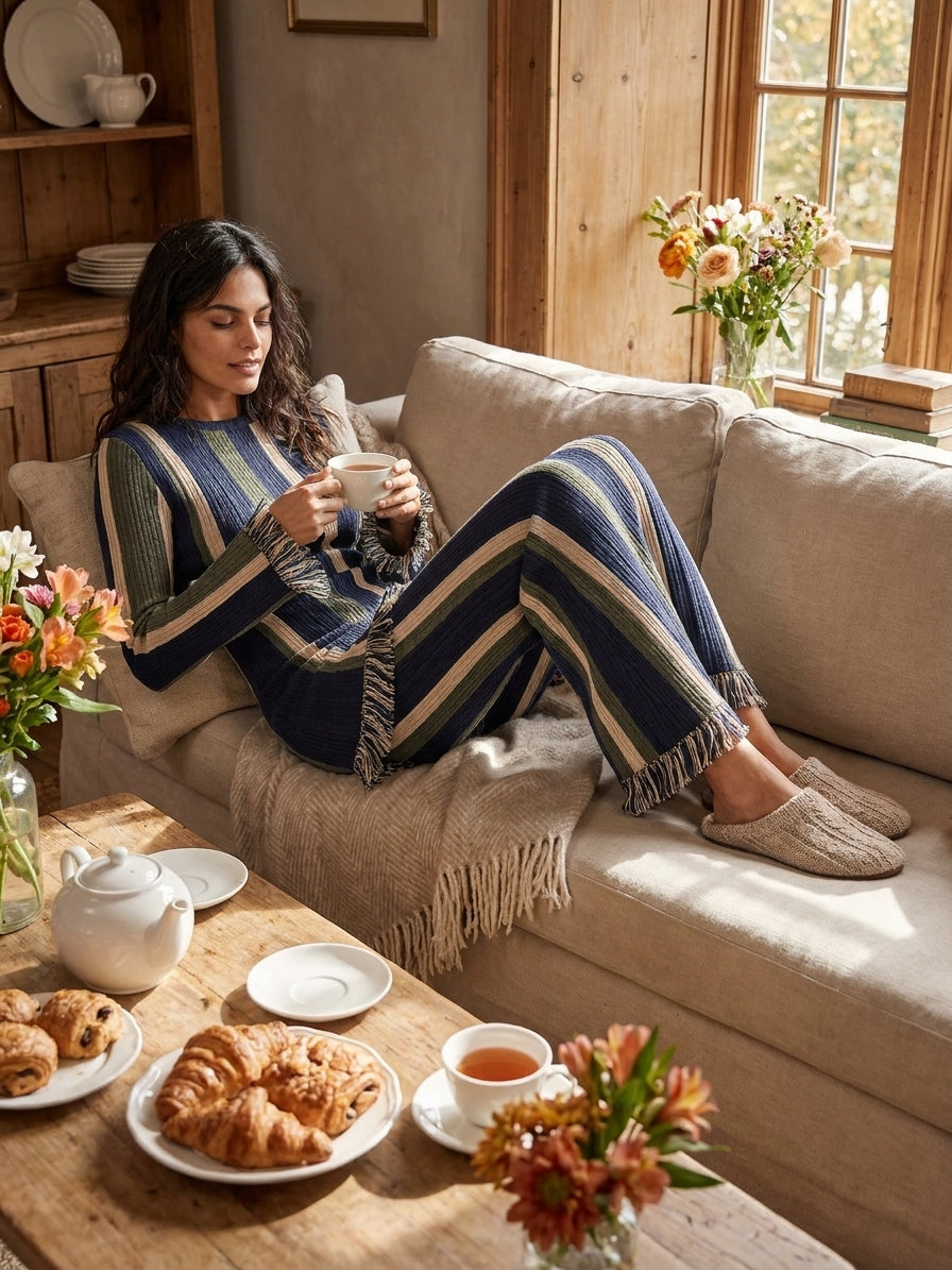 Women's Minimalist Vertical-Stripe Knit Set With Raw Edges