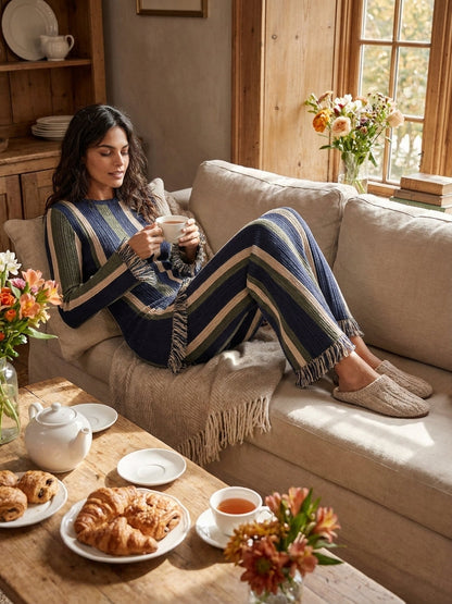 Women's Minimalist Vertical-Stripe Knit Set With Raw Edges