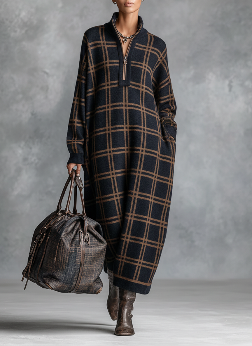Women's Loose Plaid Zipper Neck Knitted Maxi Dress