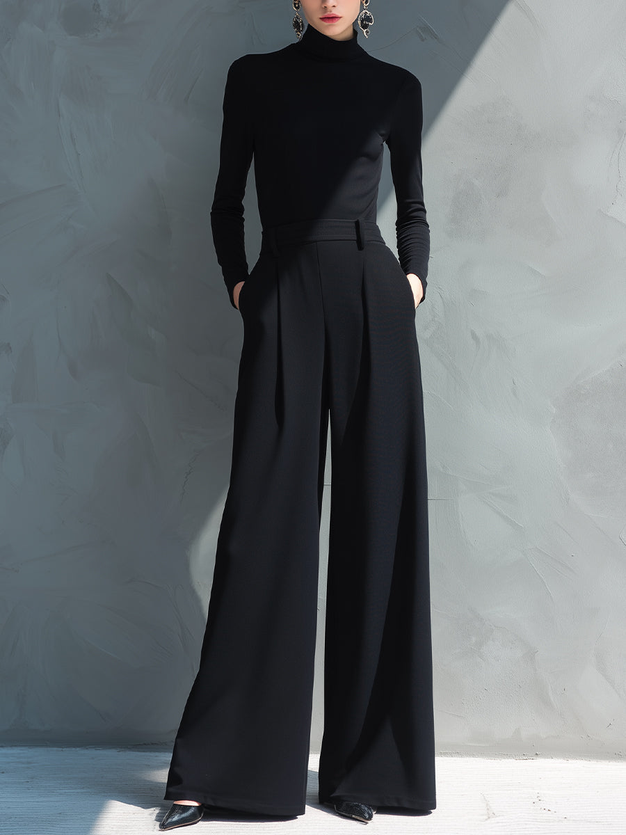 Women's Black Classic Knit Turtleneck Wide - Leg Jumpsuit