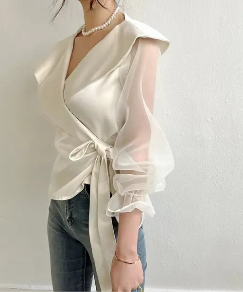 Elegant Plain Surplice Neck Long Sleeve Lace Up Blouse