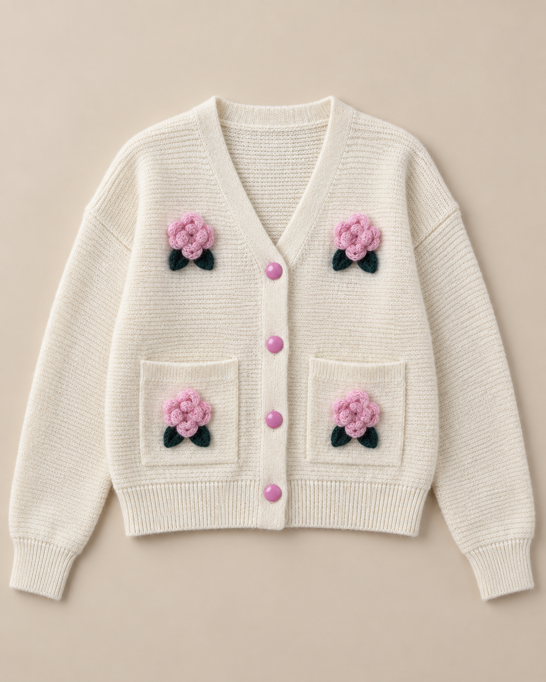 Women's Floral Wool Cardigan – V-Neck Rose Detail Button-Up Sweater