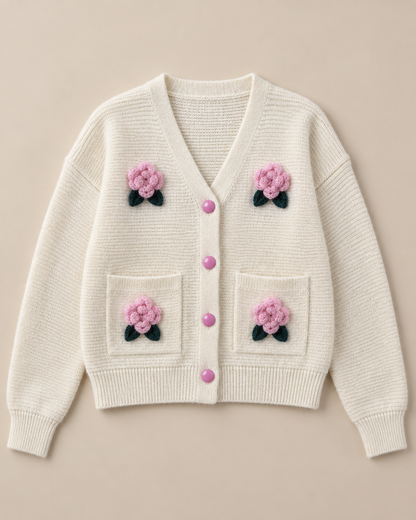 Women's Floral Wool Cardigan – V-Neck Rose Detail Button-Up Sweater