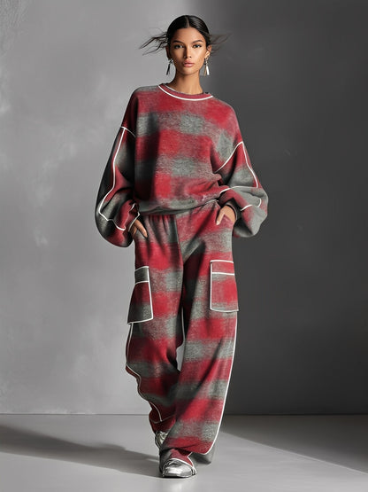 Women's Red And Gray Plaid Brushed Distressed Street Style Color-Blocked Piping Pantsuit Set