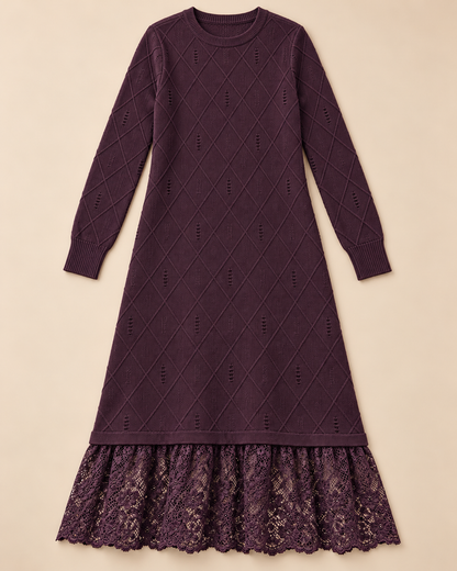 Women's Wool Sweater Dress – Lace Hem Long Sleeve Midi Knit Dress