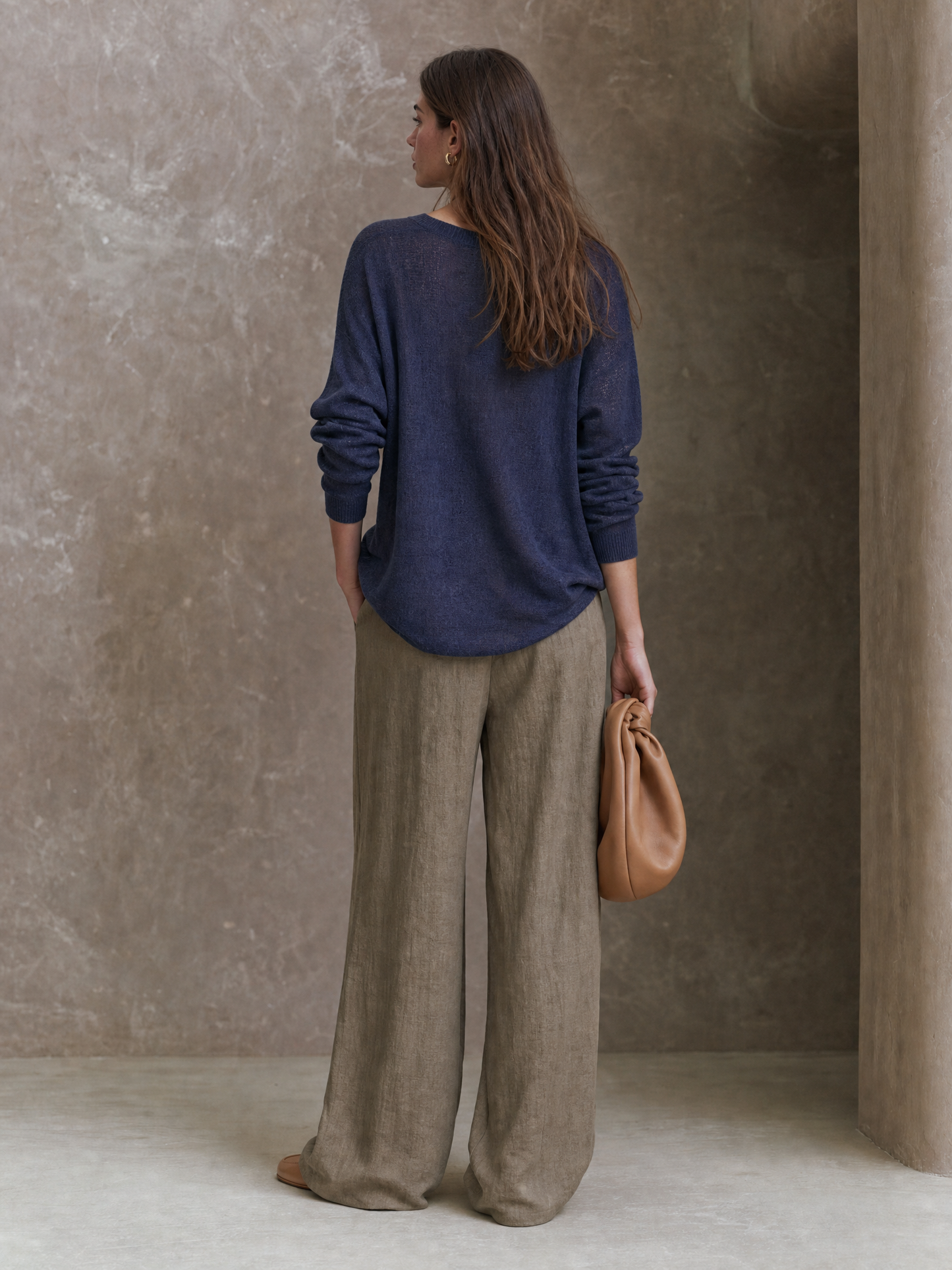 Women's Minimalist V-Neck Knit Top And Wide-Leg Pants Set