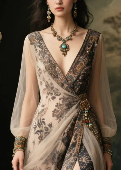 Elegant Apricot Print Side Open Chiffon Party Dress Summer