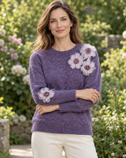 Women's Floral Wool Sweater – Flower Embellished Crewneck Knit Pullover