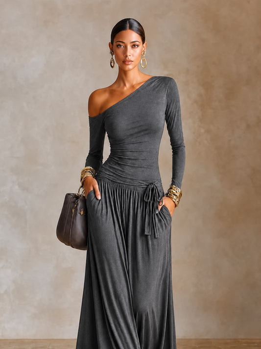 Women's Asymmetric Off‑Shoulder Long Sleeve Vacation Maxi Dress