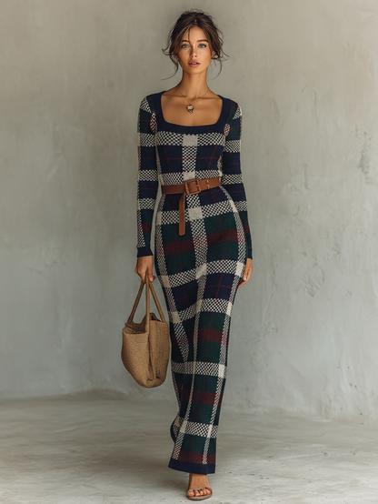 Women's Minimalist Check Knit Belted Square Neck Maxi Dress