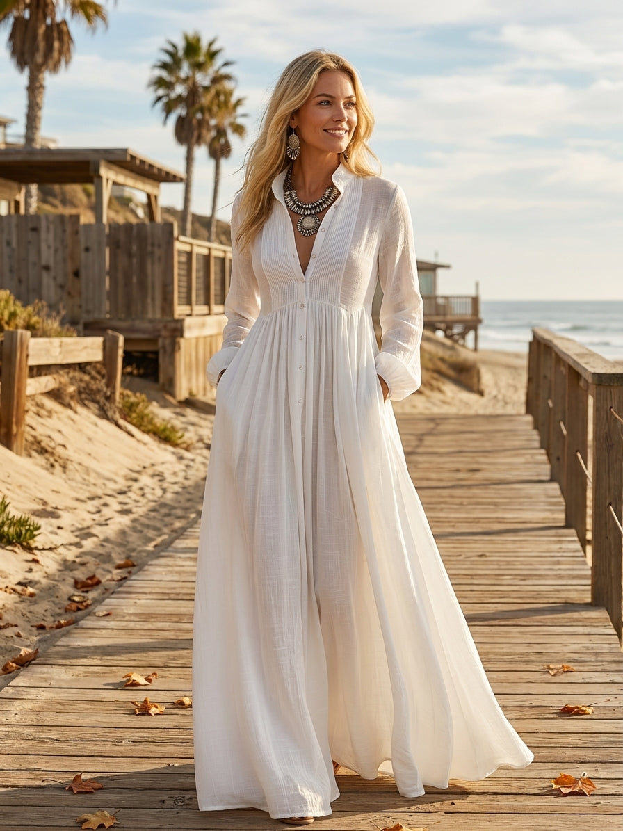 Women's Minimalist Cotton And Linen Patchwork Single-breasted Stand-up Collar Long-sleeved Maxi Dress