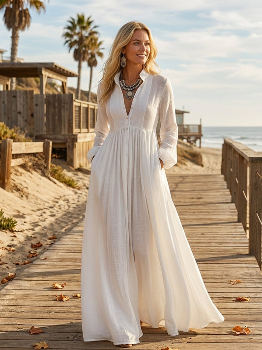 Women's Minimalist Cotton And Linen Patchwork Single-breasted Stand-up Collar Long-sleeved Maxi Dress