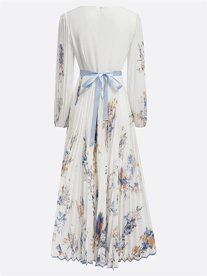 Women's Elegant White V-Neck Print Holiday Style Pleated Dress