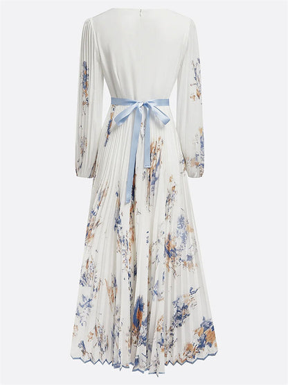 Women's Elegant White V-Neck Print Holiday Style Pleated Dress