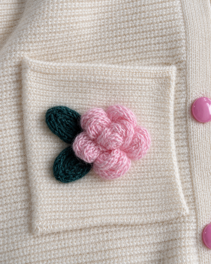 Women's Floral Wool Cardigan – V-Neck Rose Detail Button-Up Sweater