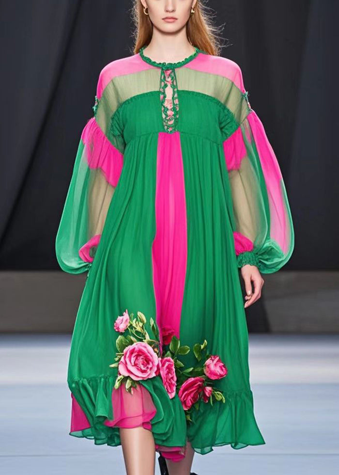 Classy Colorblock Oversized Patchwork Flower Chiffon Dress Fall