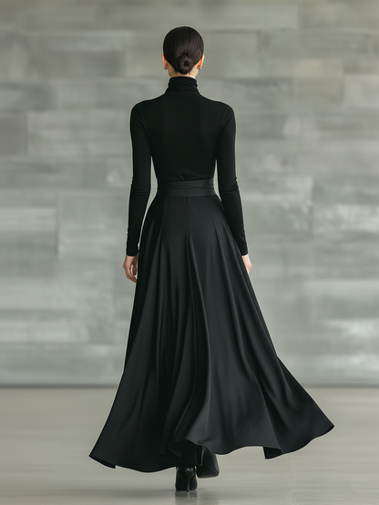 Women's Black High-Neck High-Stretch Knitted And Satin Flared Maxi Dress