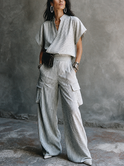 Women's Casual Vacation Gray White Cotton Blend Striped Wrap Top Cargo Pocket Wide-Leg Pants Set