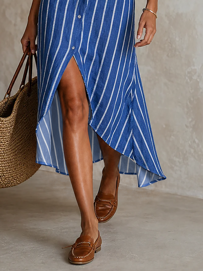 Women's Minimalist Striped Single-Breasted Long-Sleeve Midi Dress With Asymmetric Hem