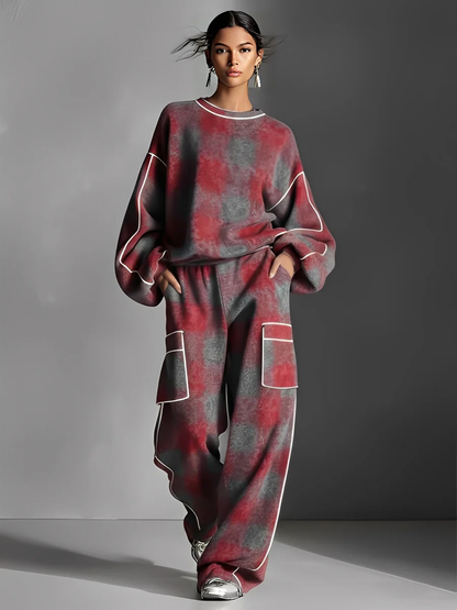 Women's Red And Gray Plaid Brushed Distressed Street Style Color-Blocked Piping Pantsuit Set