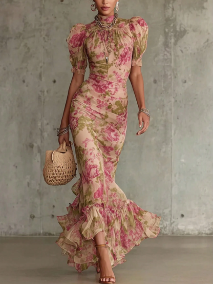 Women High Neck Puff Sleeve Ruffle Hem Floral Print Maxi Dress