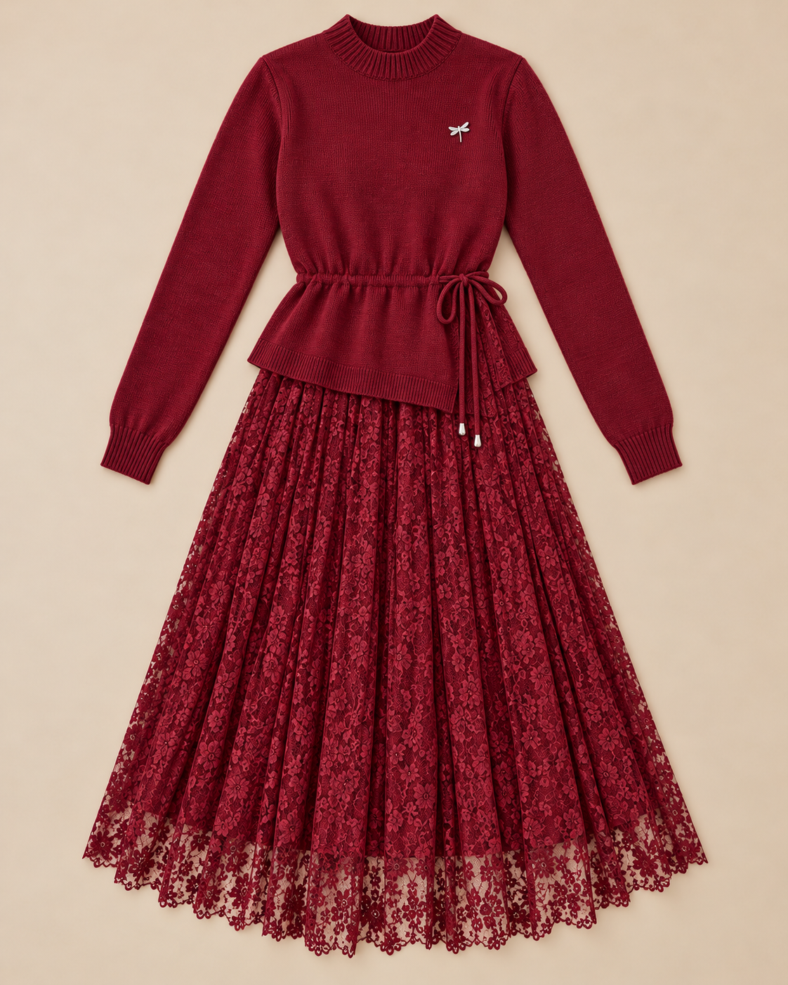 Women's Wool Sweater Dress – Tie-Waist Pleated Lace Midi Dress