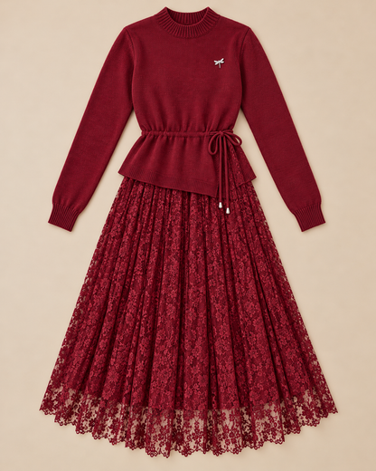 Women's Wool Sweater Dress – Tie-Waist Pleated Lace Midi Dress
