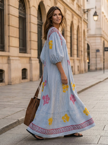 Women's Casual Blue And White Striped Print Woven Maxi Dress With V-Neck And Puff Sleeves