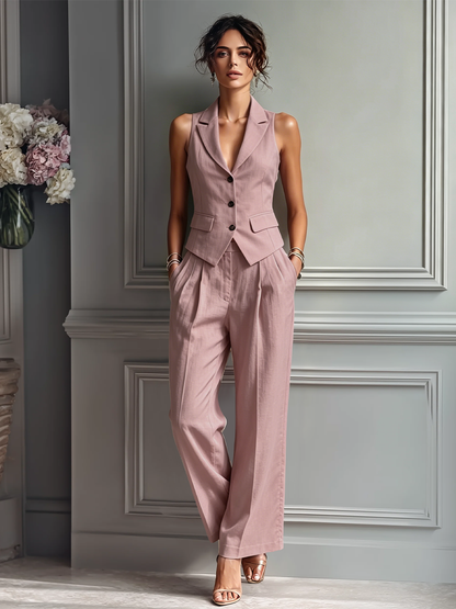 Women's Blush Pink Linen Fabric Sleeveless Vest & Wide-Leg Pants Two-Piece Set With Lapel Collar