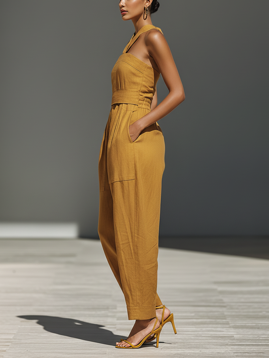Women's Mustard Yellow Linen-Blend Jumpsuit With Crisscross Neckline & Relaxed Trousers