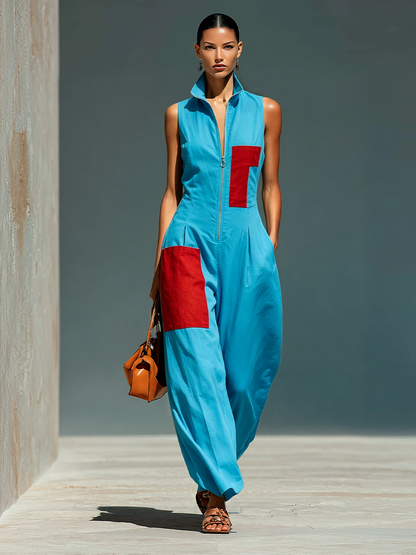 Women’s Blue Linen-Blend Sleeveless Jumpsuit With Red Patch Pockets & Half-Zip Stand Collar