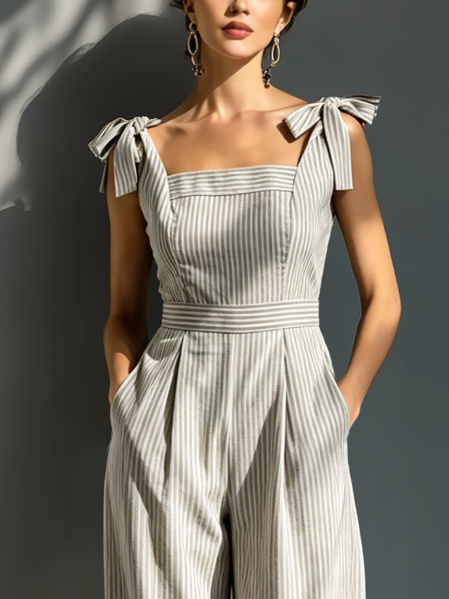 Women's Beige & White Striped Linen-Blend Jumpsuit With Square Neck & Tie Straps