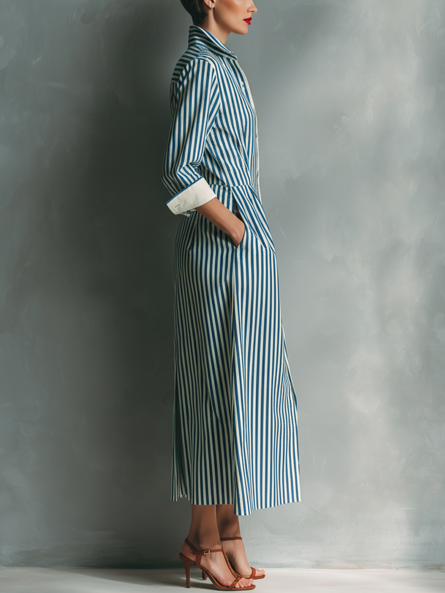 Women's Blue And White Cotton Striped Shirt Dress With Red Chest Pocket