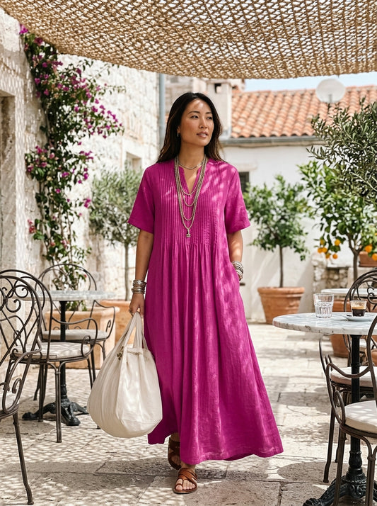 Plus Size Rose V Neck Pockets Cotton Long Dress Summer