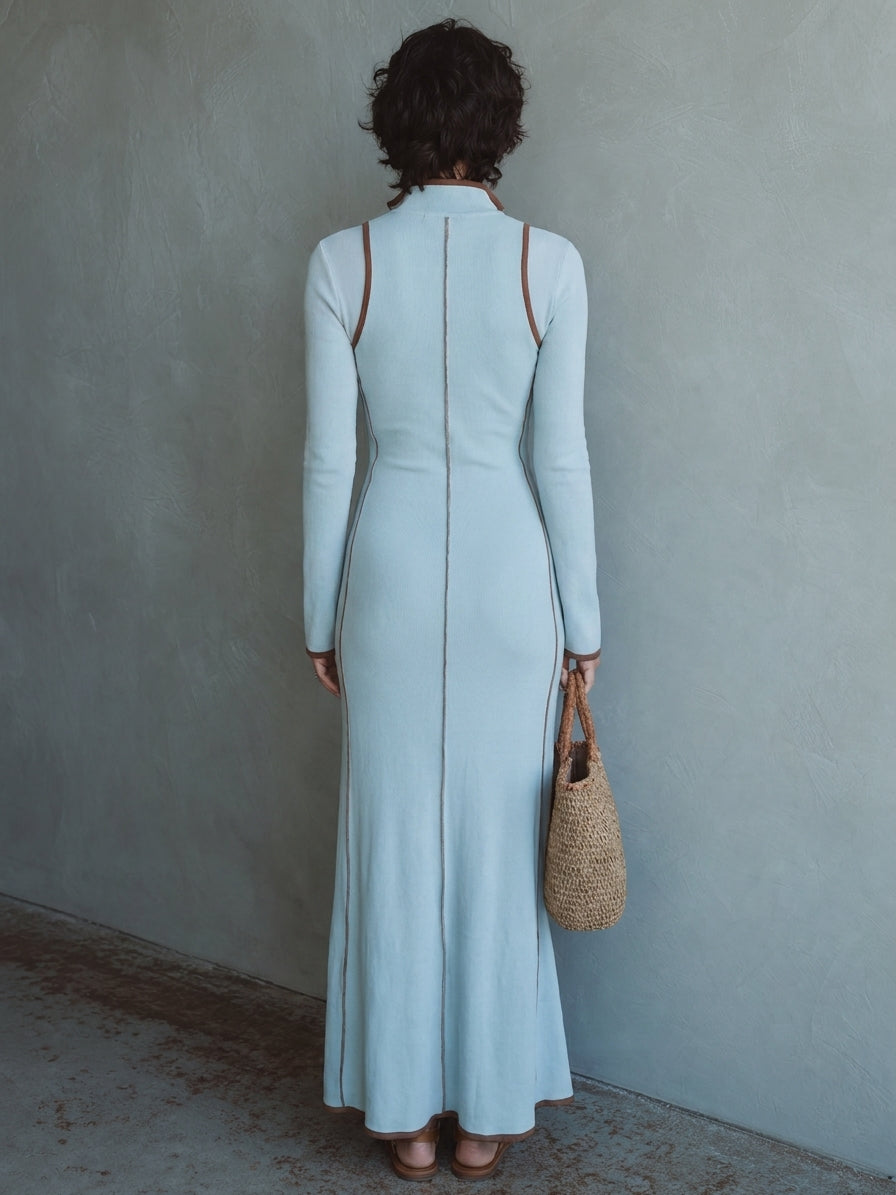Women's Casual Fitted Color-Block Long-Sleeve Maxi Dress In Stretch Knit