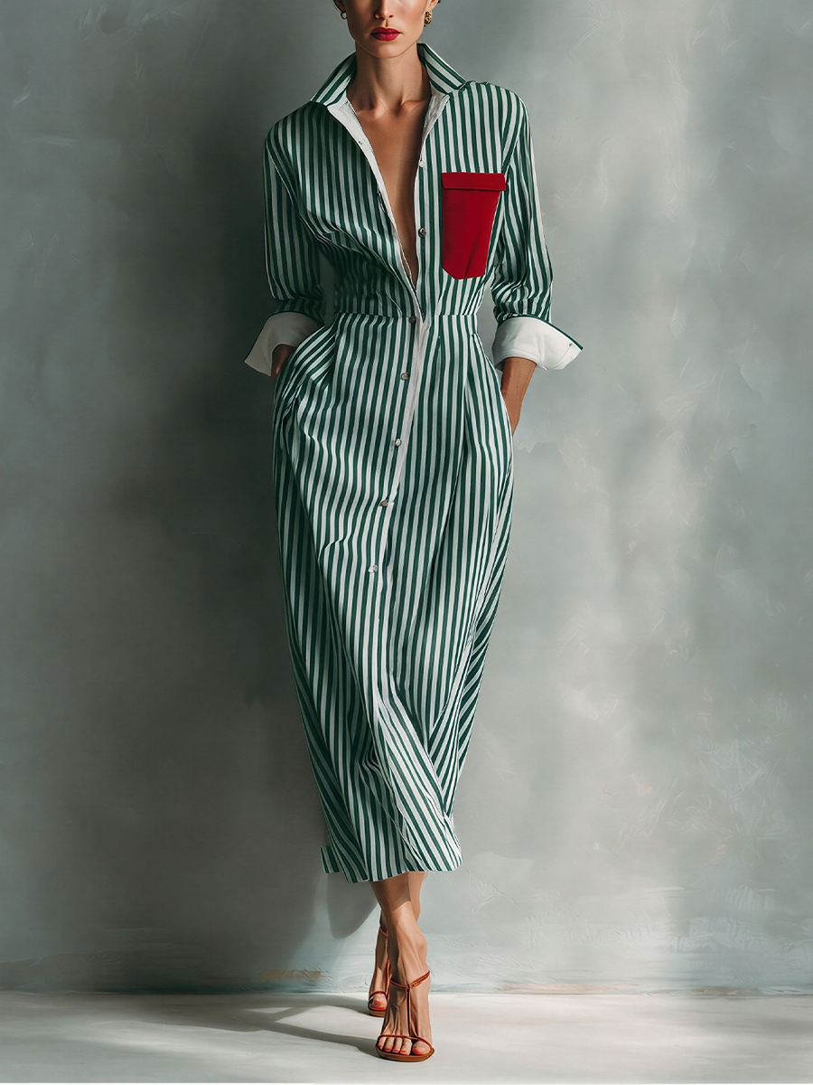 Women's Blue And White Cotton Striped Shirt Dress With Red Chest Pocket